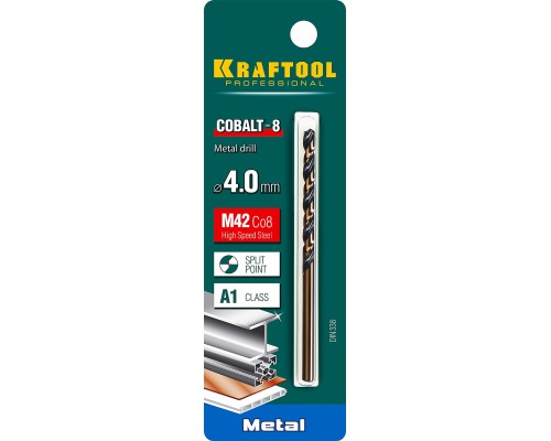 Сверло по металлу COBALT-8, 4.0x75 мм, сталь М42, HSS-Co(8%) KRAFTOOL 29656-4