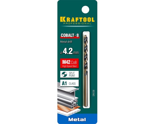 Сверло по металлу COBALT-8, 4.2x75 мм, сталь М42, HSS-Co(8%) KRAFTOOL 29656-4.2