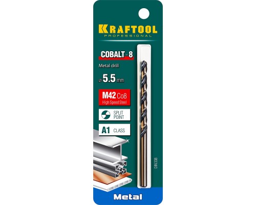 Сверло по металлу COBALT-8, 5.5x93 мм, сталь М42, HSS-Co(8%) KRAFTOOL 29656-5.5