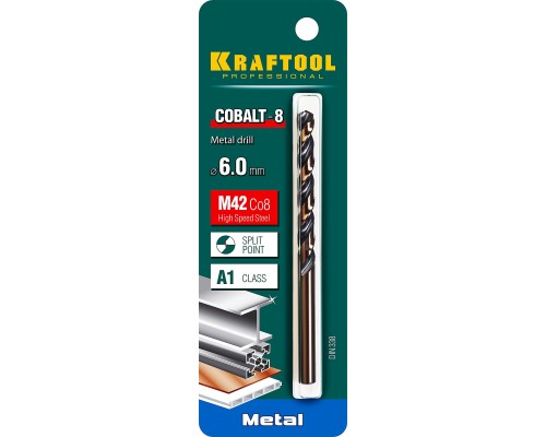 Сверло по металлу COBALT-8, 6.0x93 мм, сталь М42, HSS-Co(8%) KRAFTOOL 29656-6