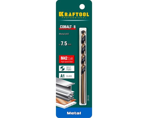 Сверло по металлу COBALT-8, 7.5x109 мм, сталь М42, HSS-Co(8%) KRAFTOOL 29656-7.5