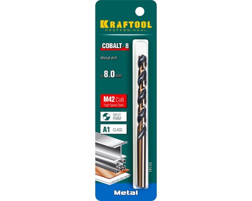 Сверло по металлу COBALT-8, 8.0x117 мм, сталь М42, HSS-Co(8%) KRAFTOOL 29656-8