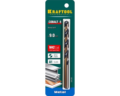 Сверло по металлу COBALT-8, 9.0x125 мм, сталь М42, HSS-Co(8%) KRAFTOOL 29656-9