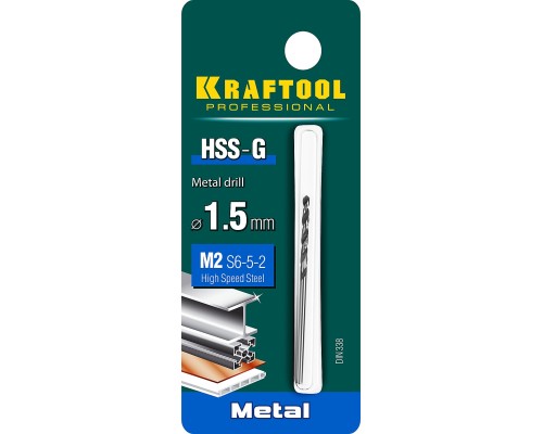 Сверло по металлу HSS-G, 1.5x43 мм, сталь P6M5 KRAFTOOL 29651-1.5