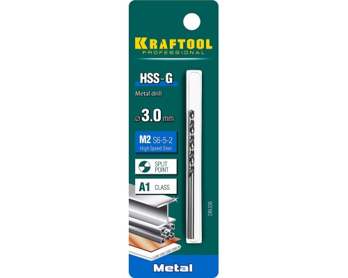 Сверло по металлу HSS-G, 3.0x61 мм, сталь P6M5 KRAFTOOL 29651-3
