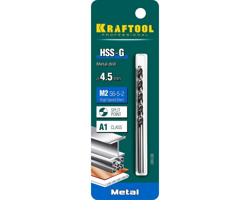 Сверло по металлу HSS-G, 4.5x80 мм, сталь P6M5 KRAFTOOL 29651-4.5