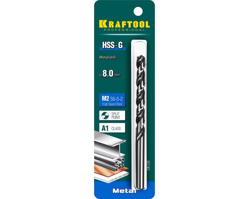 Сверло по металлу HSS-G, 8.0x117 мм, сталь P6M5 KRAFTOOL 29651-8