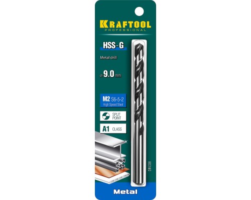 Сверло по металлу HSS-G, 9.0x125 мм, сталь P6M5 KRAFTOOL 29651-9