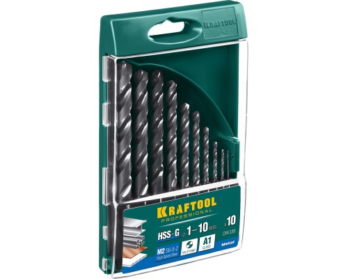 Набор сверл по металлу HSS-G, 10 шт., (1-10 мм), сталь P6M5 KRAFTOOL 29651-H10
