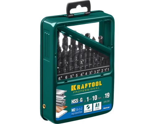 Набор сверл по металлу HSS-G, 19 шт., (1-10 мм), сталь P6M5 KRAFTOOL 29651-H19