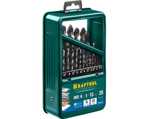 Набор сверл по металлу HSS-G, 25 шт., (1-13 мм), сталь P6M5 KRAFTOOL 29651-H25