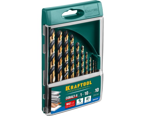 Набор сверл по металлу COBALT-8, 10 шт.,, сталь М42, HSS-Co(8%) KRAFTOOL 29656-H10