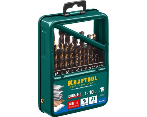 Набор сверл по металлу COBALT-8, 19 шт.,, сталь М42, HSS-Co(8%) KRAFTOOL 29656-H19