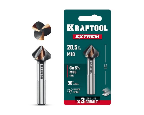 Конусный зенкер EXTREME Со5-А, d 20.5x63 мм, сталь M35, U-образная спираль, для раззенковки М10 KRAFTOOL 29734-10