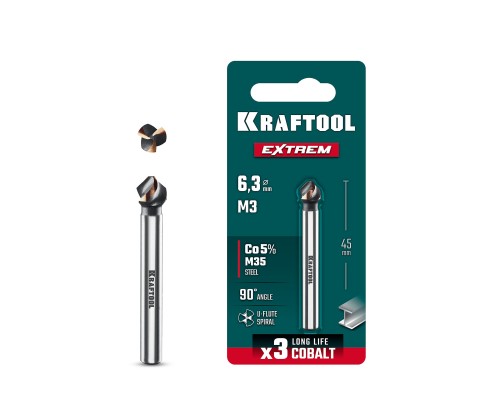 Конусный зенкер EXTREME Со5-А, d 6.3 x 45 мм, сталь M35, U-образная спираль, для раззенковки М3 KRAFTOOL 29734-3