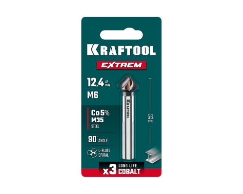 Конусный зенкер EXTREME Со5-А, d 12.4x56 мм, сталь M35, U-образная спираль, для раззенковки М6 KRAFTOOL 29734-6