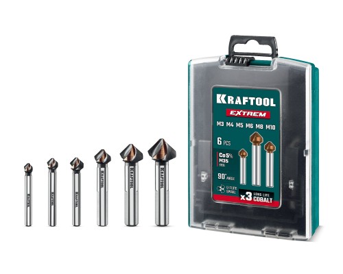 Набор зенкеров EXTREME Со5-А, 6 шт. (М3-М10), сталь M35, U-образная спираль KRAFTOOL 29734-H6