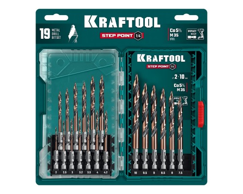 Набор сверл по металлу для винтовертов и шуруповертов IMPACT READY STEP POINT, 19 шт KRAFTOOL 29653-H19