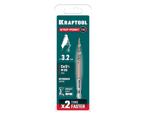 Сверло по металлу для винтовертов и шуруповертов IMPACT READY STEP POINT, d 3.2x75 мм KRAFTOOL 29653-3.2