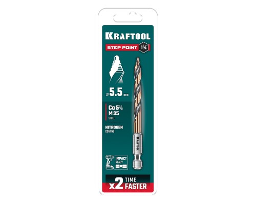 Сверло по металлу для винтовертов и шуруповертов IMPACT READY STEP POINT, d 5.5x98 мм KRAFTOOL 29653-5.5