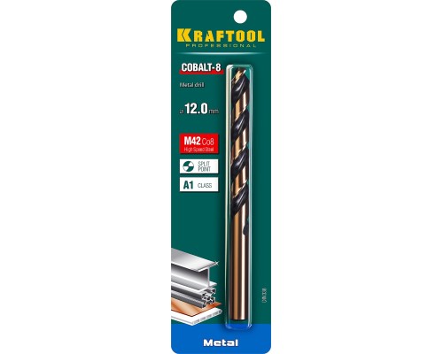 Сверло по металлу COBALT-8, 12.0x151 мм, сталь М42, HSS-Co(8%) KRAFTOOL 29656-12
