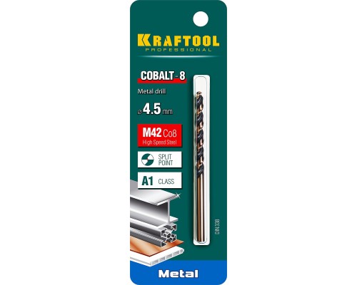 Сверло по металлу COBALT-8, 4.5x80 мм, сталь М42, HSS-Co(8%) KRAFTOOL 29656-4.5