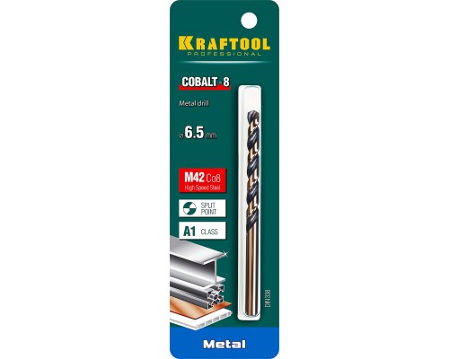 Сверло по металлу COBALT-8, 6.5x101 мм, сталь М42, HSS-Co(8%) KRAFTOOL 29656-6.5
