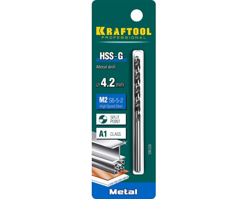 Сверло по металлу HSS-G, 4.2x75 мм, сталь P6M5 KRAFTOOL 29651-4.2