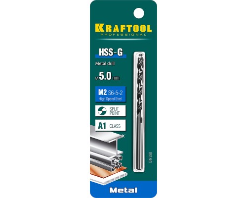 Сверло по металлу HSS-G, 5.0x86 мм, сталь P6M5 KRAFTOOL 29651-5