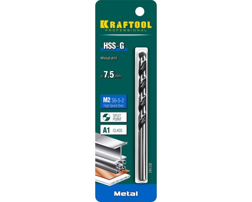 Сверло по металлу HSS-G, 7.5x109 мм, сталь P6M5 KRAFTOOL 29651-7.5