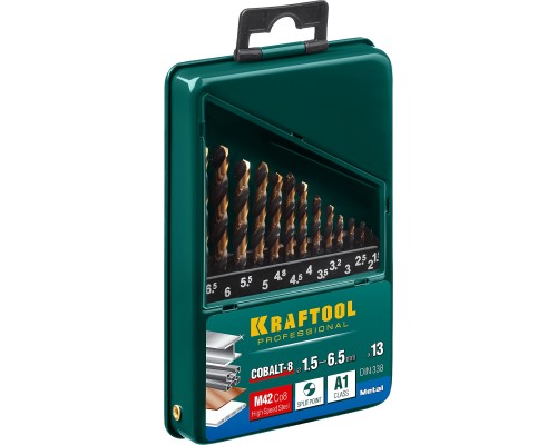 Набор сверл по металлу COBALT-8, 13 шт.,, сталь М42, HSS-Co(8%) KRAFTOOL 29656-H13