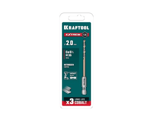 Сверло по металлу для винтовертов и шуруповертов IMPACT READY НЕХ-1/4", d 2,0x60 мм KRAFTOOL 29652-2