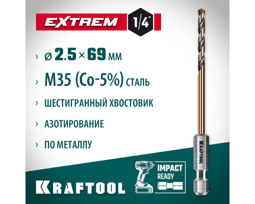 Сверло по металлу для винтовертов и шуруповертов IMPACT READY НЕХ-1/4", d 2,5x69 мм KRAFTOOL 29652-2.5