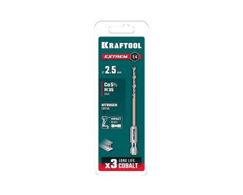 Сверло по металлу для винтовертов и шуруповертов IMPACT READY НЕХ-1/4", d 2,5x69 мм KRAFTOOL 29652-2.5