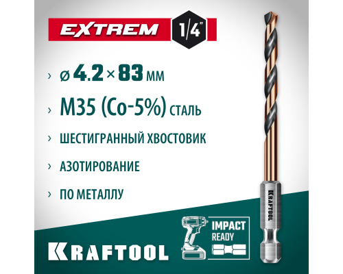 Сверло по металлу для винтовертов и шуруповертов IMPACT READY НЕХ-1/4", d 4.2x83 мм KRAFTOOL 29652-4.2