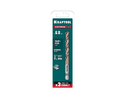 Сверло по металлу для винтовертов и шуруповертов IMPACT READY НЕХ-1/4", d 6.0x98 мм KRAFTOOL 29652-6