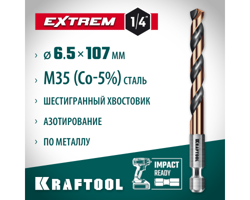Сверло по металлу для винтовертов и шуруповертов IMPACT READY НЕХ-1/4", d 6.5x107 мм KRAFTOOL 29652-6.5