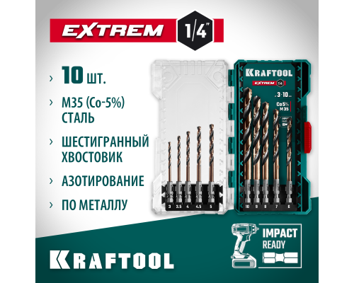Набор сверл по металлу для винтовертов и шуруповертов IMPACT READY НЕХ-1/4", 10 шт. KRAFTOOL 29652-H10