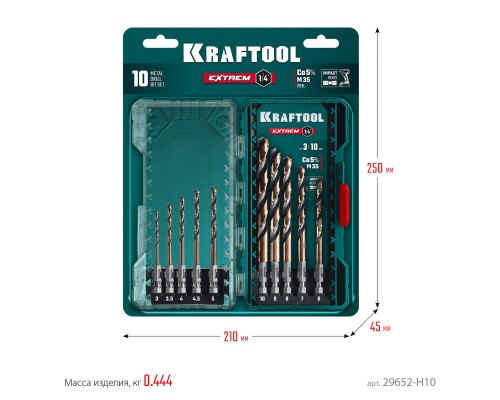 Набор сверл по металлу для винтовертов и шуруповертов IMPACT READY НЕХ-1/4", 10 шт. KRAFTOOL 29652-H10