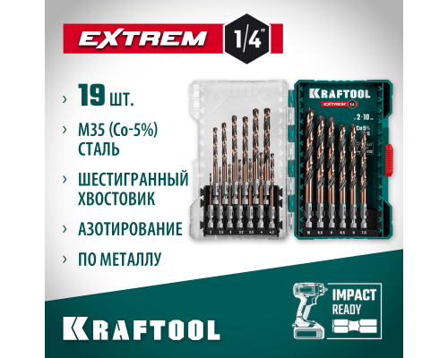 Набор сверл по металлу для винтовертов и шуруповертов IMPACT READY НЕХ-1/4", 19 шт. KRAFTOOL 29652-H19