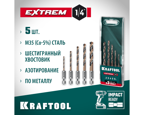 Набор сверл по металлу для винтовертов и шуруповертов IMPACT READY НЕХ-1/4", 5 шт. KRAFTOOL 29652-H5