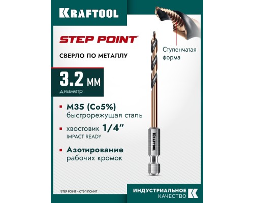 Сверло по металлу для винтовертов и шуруповертов IMPACT READY STEP POINT, d 3.2x75 мм KRAFTOOL 29653-3.2