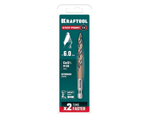 Сверло по металлу для винтовертов и шуруповертов IMPACT READY STEP POINT, d 6.0x98 мм KRAFTOOL 29653-6