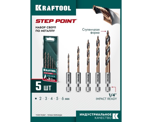 Набор сверл по металлу для винтовертов и шуруповертов IMPACT READY STEP POINT, 5 шт KRAFTOOL 29653-H5