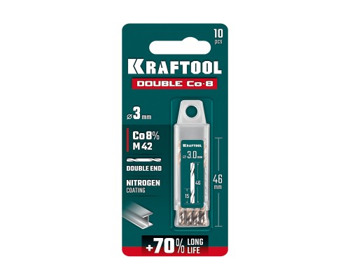 Сверло двухстороннее по металлу сталь M42(+8%Co) класс А DOUBLE Сo-8 3.0х46 мм KRAFTOOL 29654-3.0-10