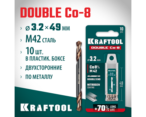 Сверло двухстороннее по металлу сталь M42(+8%Co) класс А DOUBLE Сo-8 3.2х49 мм KRAFTOOL 29654-3.2-10