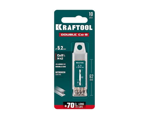 Сверло двухстороннее по металлу сталь M42(+8%Co) класс А DOUBLE Сo-8 5.2х62 мм KRAFTOOL 29654-5.2-10