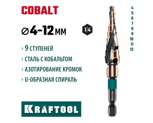 Сверло ступенчатое COBALT 4-12мм, 9 ступеней, азотирование, винтовая спираль KRAFTOOL 29691-4-12-9