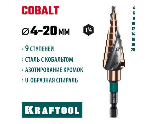 Сверло ступенчатое COBALT 4-20мм, 9 ступеней, азотирование, винтовая спираль KRAFTOOL 29691-4-20-9