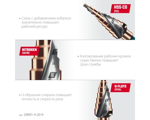 Сверло ступенчатое COBALT 4-20мм, 9 ступеней, азотирование, винтовая спираль KRAFTOOL 29691-4-20-9